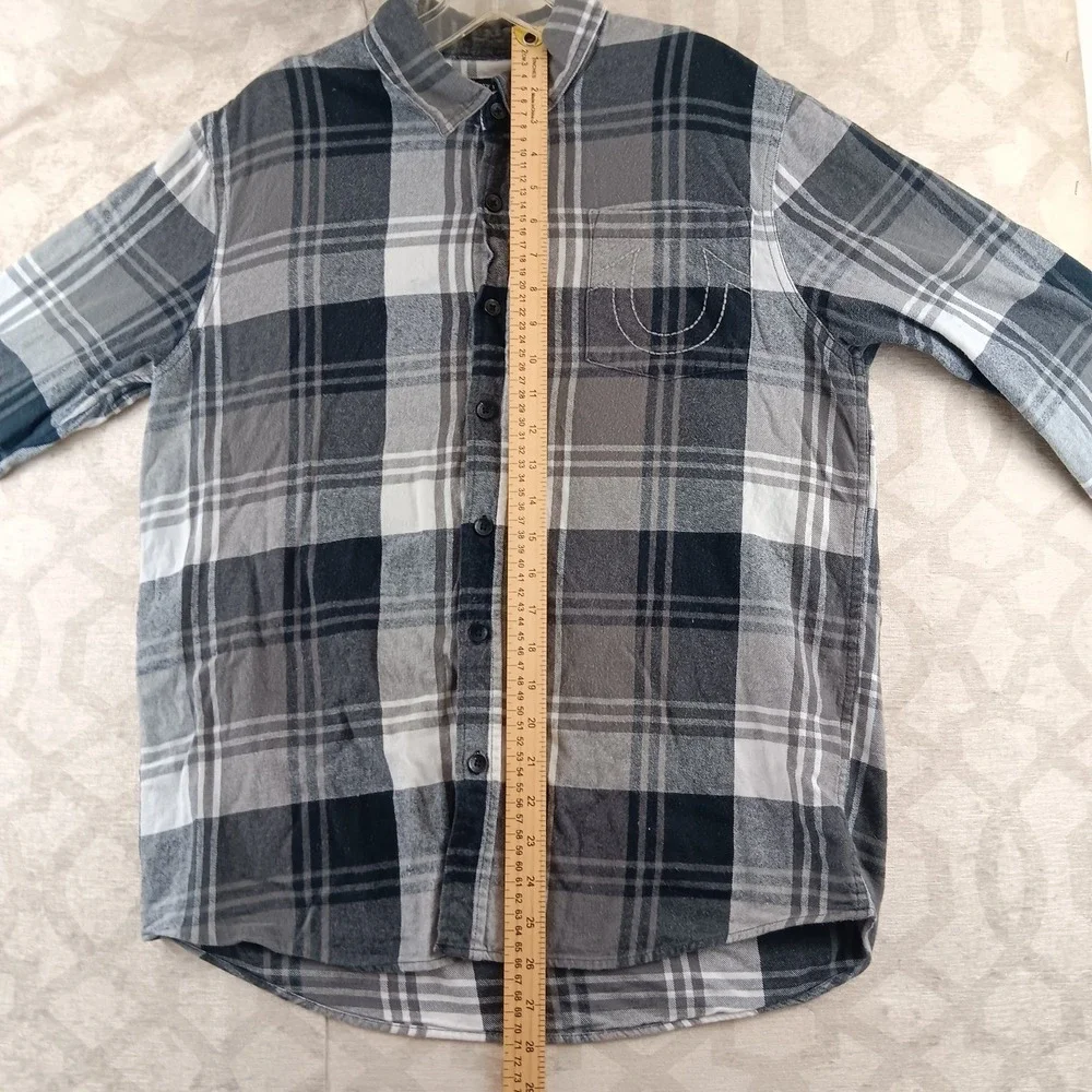 True Religion Shirt Mens Medium‎ Black Gray Plaid Button Up Long Sleeve